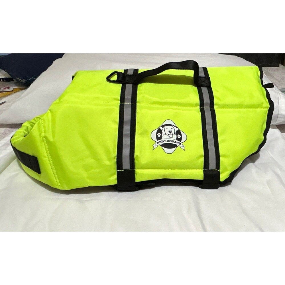 Paws Aboard Dog Life Jacket M Neon Yellow Reflective Rescue Handle Leash Ring